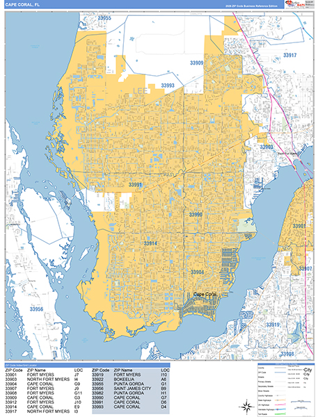 Cape Coral Zip Code Wall Map